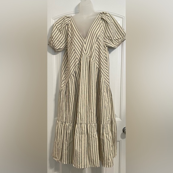 Lumiere Women’s Midi Dress Large Cream Striped 100% Cotton Cottagecore Prairie - Picture 6 of 12